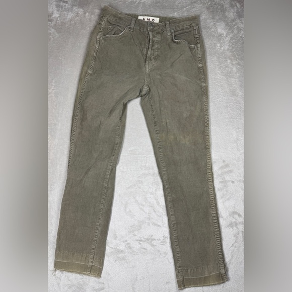 AMO Babe Corduroy Green Grey Raw Hem Button Fly Cropped Ankle Pants Size 27 - Picture 1 of 16